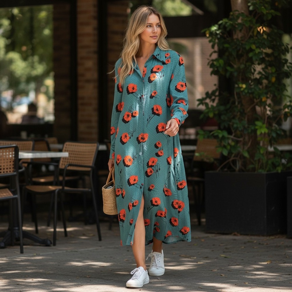 Equipment Femme Teal Blue Silk Dress Poppy Floral Shirt SZ M Midi Modest - Picture 1 of 10